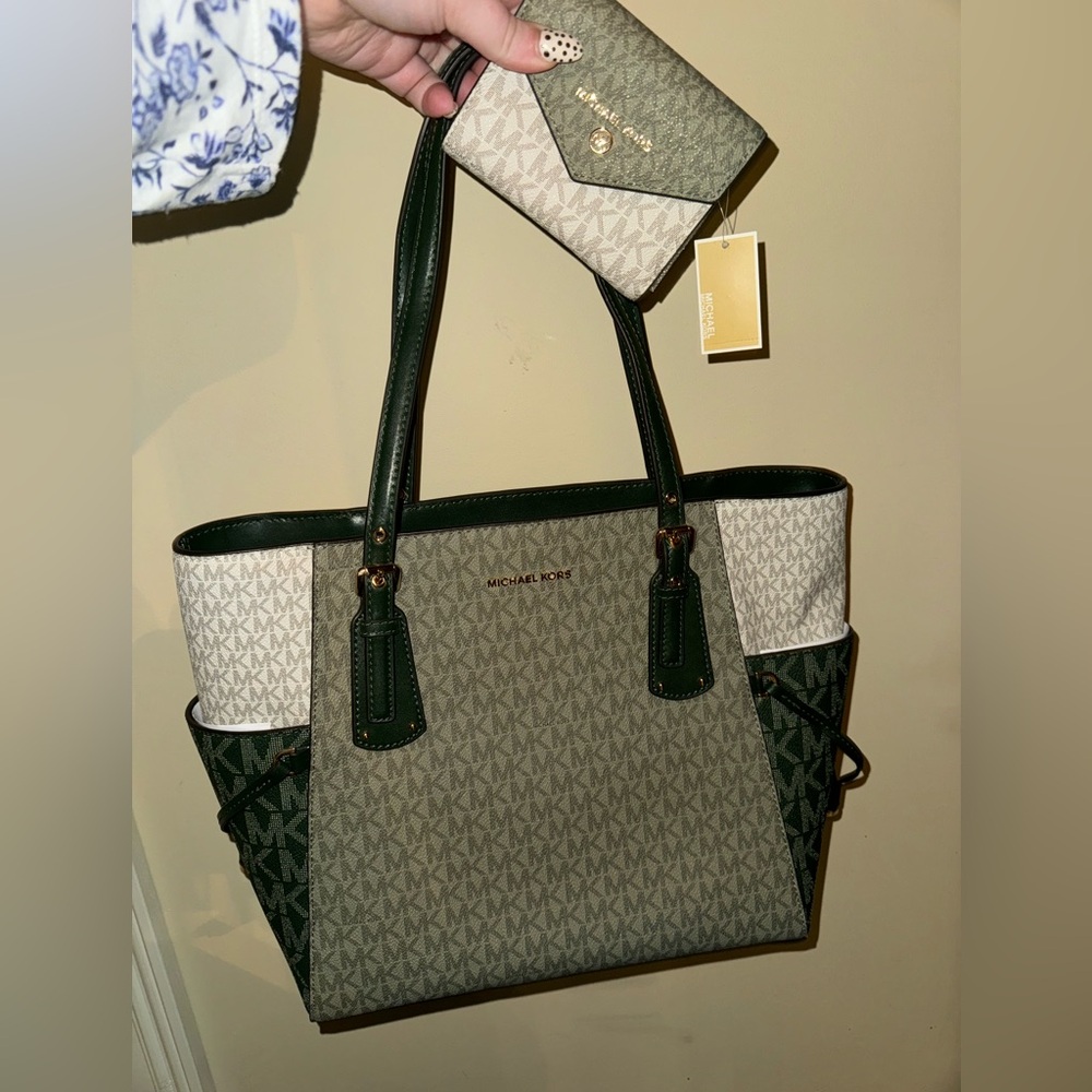 Michael Kors green colorblock tote and wallet